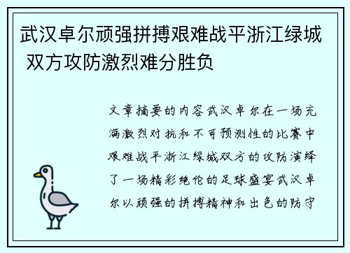 武汉卓尔顽强拼搏艰难战平浙江绿城 双方攻防激烈难分胜负