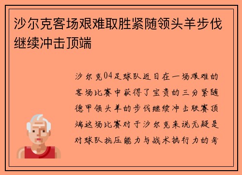 沙尔克客场艰难取胜紧随领头羊步伐继续冲击顶端